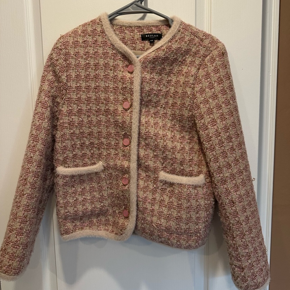 Beulah Style Tweed Button-Up Jacket | Size Small | Blush Pink & Cream